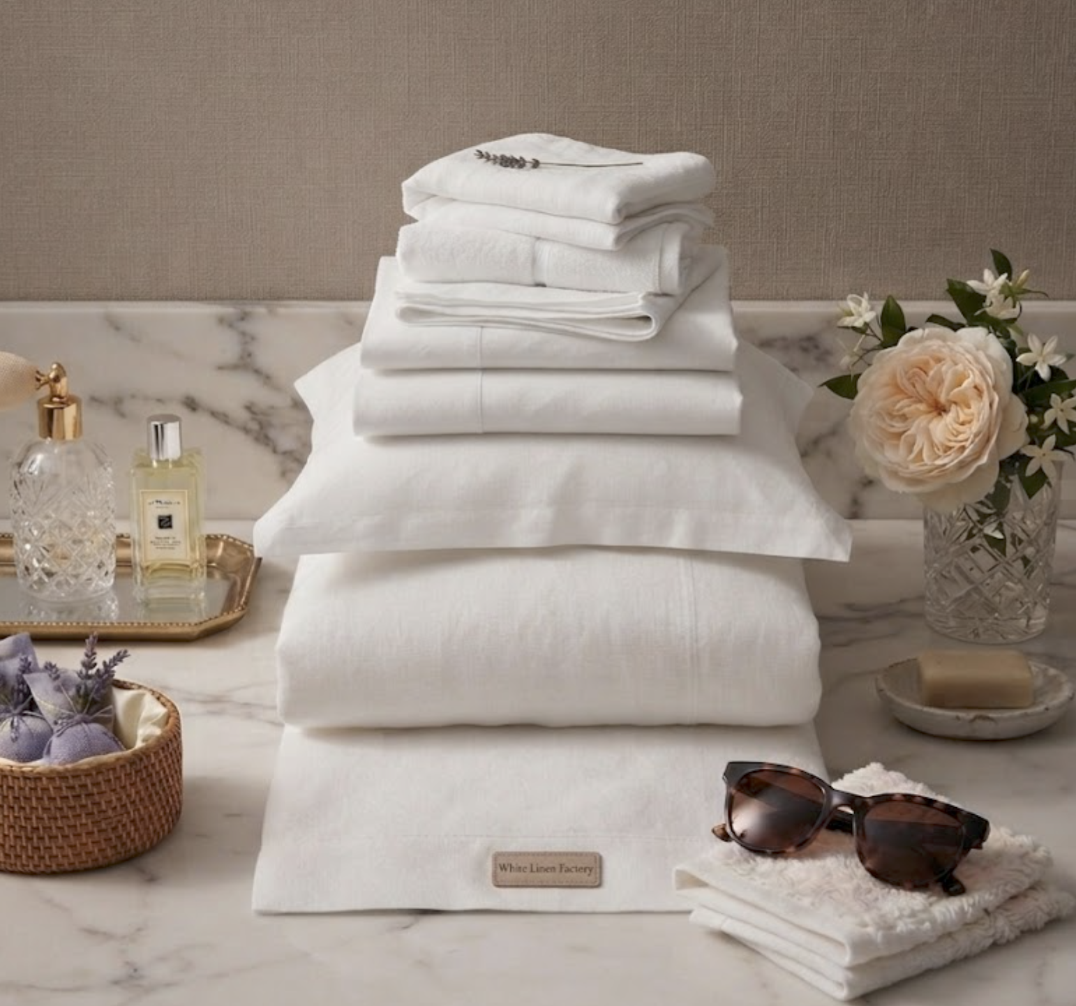 Styled hotel linens and bath towels on marble