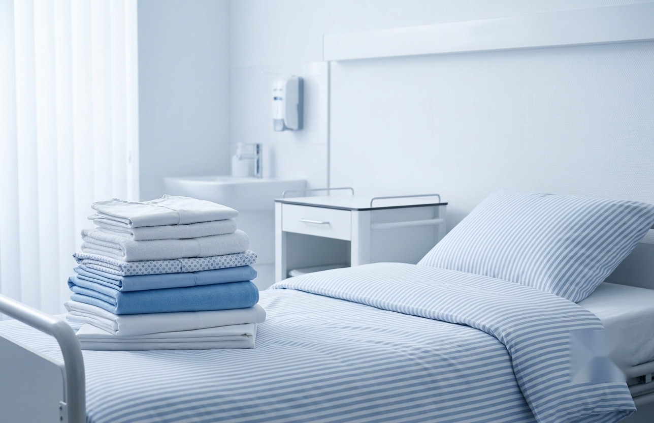 Folded care linens on a made hospital bed